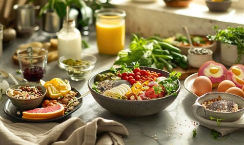 A spread of balanced breakfast items including eggs, vegetables, and juice AI generated