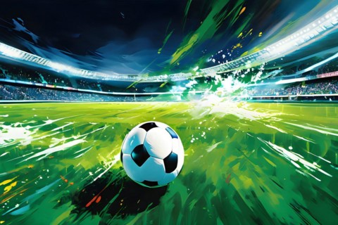 Abstract digital render of asoccer ball on green gras morphing into fluid shapes, AI generated