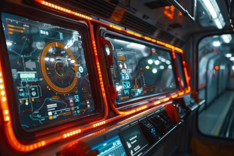 Futuristic spaceship control panel with holographic interfaces and red lighting, AI generated