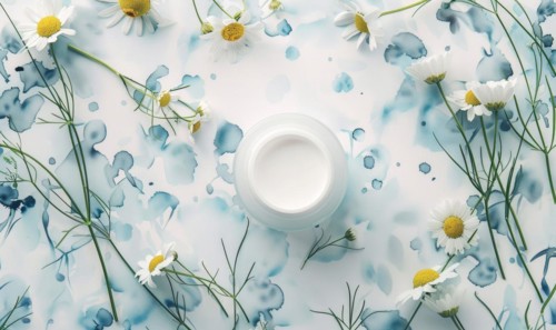 Cosmetic jar blank mockup placed on a serene watercolor chamomile background AI generated