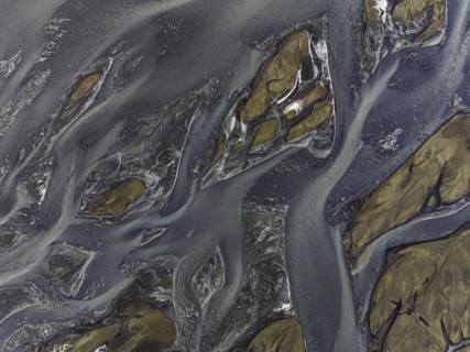 Overgrown river landscape, Eldhraun, near Kirkjubaejarklaustur, drone image, Sudurland, Iceland,