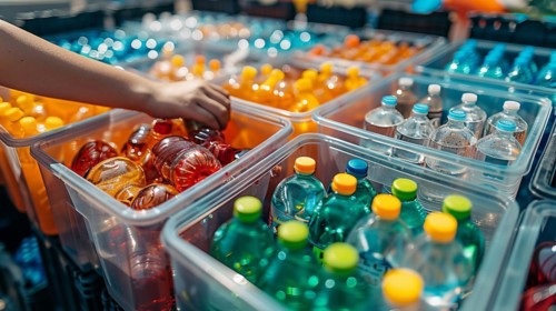 Various colorful plastic bottles sorted in bins at a market for selection or recycling, AI