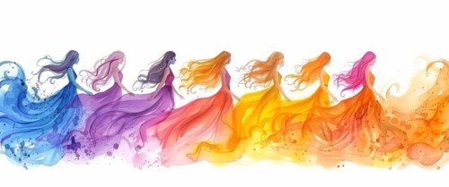 Abstract watercolor image with seven silhouettes of women with flowing dresses in a rainbow of