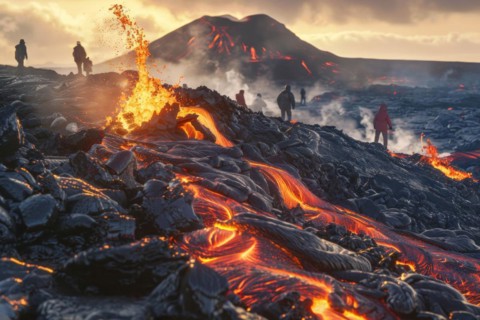 Tourists, hiking group, expedition, onlookers on the way to an active volcano, surrounded by hot,