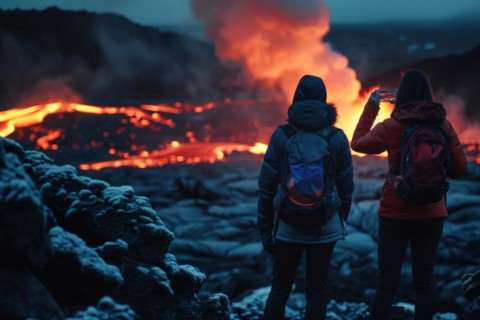 Tourists, onlookers photograph a spectacular volcanic landscape with liquid, partially cooled lava