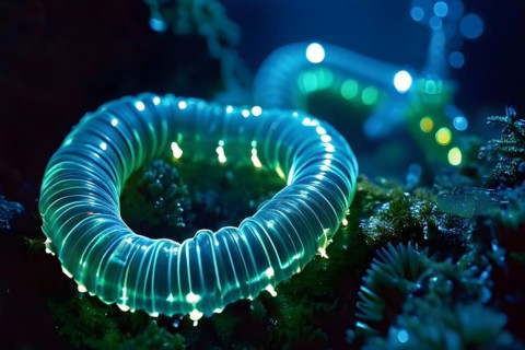 Bristle worms bioluminescent bodies floating in deep ocean, AI generated, deep sea, fish, squid,
