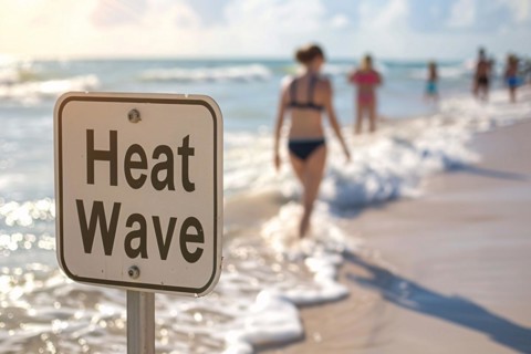 Sign with text 'Heat wave' in front of blurry sunny beach with people. KI generiert, generiert, AI
