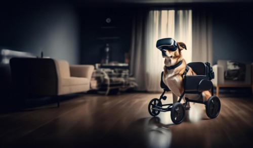 Dog in a wheelchair, pet rehabilitation in technological virtual reality glasses, blind dog, AI