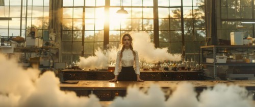 A woman awaits results surrounded by steaming glassware in a lab at sunset, AI generated