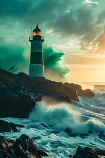 Lighthouse nestled against a vast ocean with waves rhythmically crashed onto the rocky shoreline,