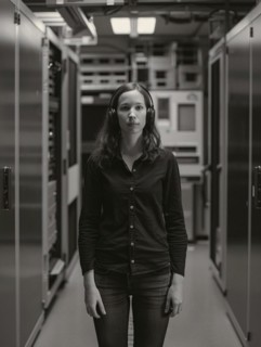 Serious female technician in a black and white shot standing in a server room of a data center, AI