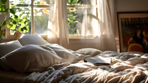Imperfectly made bed in a sunlit room with rumpled sheets, AI generated
