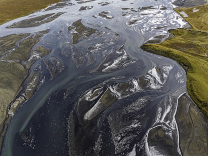 Overgrown river landscape, Eldhraun, near Kirkjubaejarklaustur, drone image, Sudurland, Iceland,