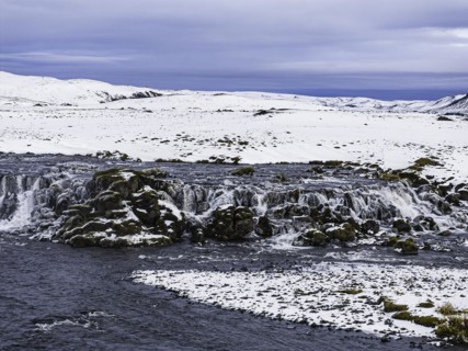 Small waterfall, onset of winter, Fjallabak Nature Reserve, drone shot, Sudurland, Iceland, Europe