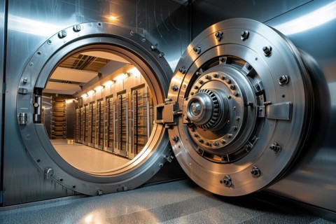 Open bank vault door, revealing a room filled with safety deposit boxes in safe depositary. The