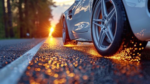 Close-up of sports car headlight reflecting the sunset on an evening road, low ultra wide angle, AI
