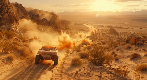A rally car speeds through the desert, kicking up clouds of dust in golden sunset light, AI