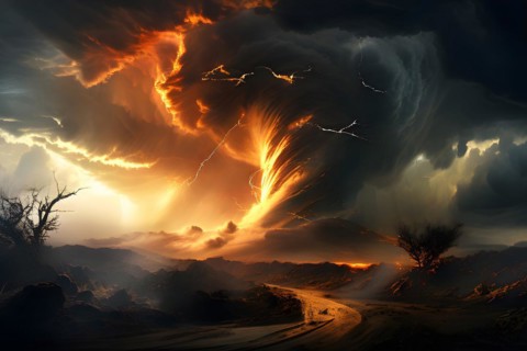 3d render abstract particles converging into a tornado to represent severe weather phenomena, AI