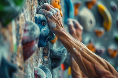 Close up of hand with chalk grabbing grip on artificial rock wall. KI generiert, generiert, AI