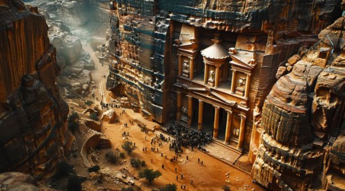 Tourists gathering in front of Al-Khazneh in the ancient city of Petra, Jordan, ai generated, AI
