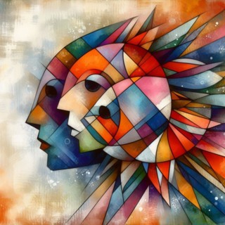 Modern abstract art with multiple colorful faces and geometric cubism style, square aspect, animal