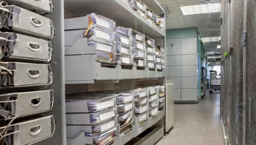 Stuffed shelves with files in a business environment, symbol bureaucracy, AI generated, AI