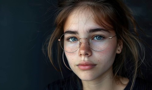 Piercing gaze of a thoughtful woman with freckles, framed by eyeglasses AI generated