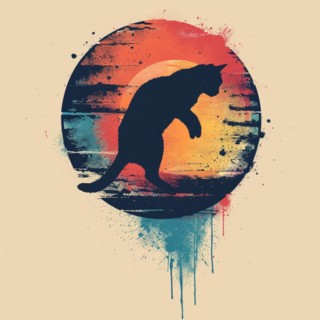 A vibrant abstract design featuring a cat silhouette with a colorful backdrop and paint drips, AI