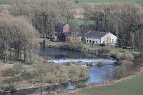 Volmarstein waterworks, top view from Volmarstein Castle, Ruhr makes a bend and flows down the