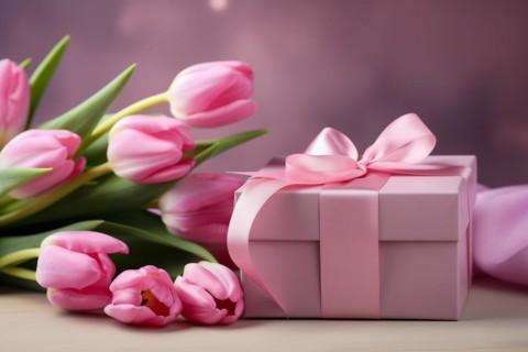 Gift Box with Pink Ribbon Beside bouquet of Fresh Tulips on Bokeh Background. Good for Valentine