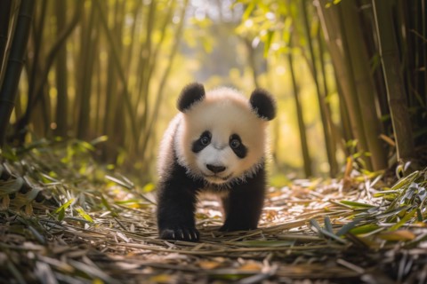 Cute panda cub in a lush bamboo grove, The image showcases the beauty and serenity of nature and