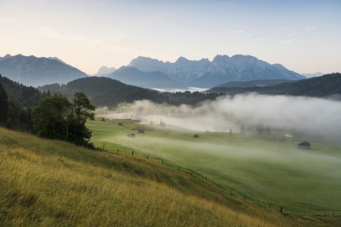 Sunrise and morning fog, Geroldsee or Wagenbruechsee, Kruen near Mittenwald, Werdenfelser Land,