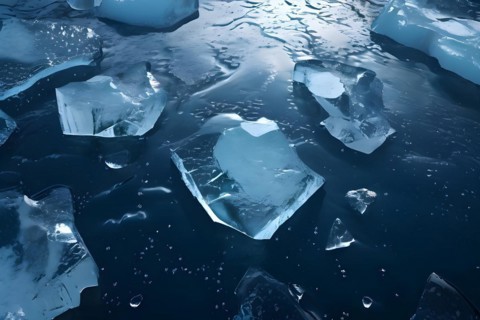 Ice chunks floating in dark oil slicked water showing the impact of oil spills on polar regions, AI