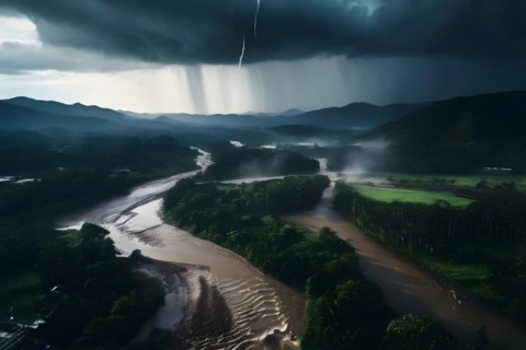 Heavy rainfall pouring on an already saturated ground leading to mudslides captured in a stormy