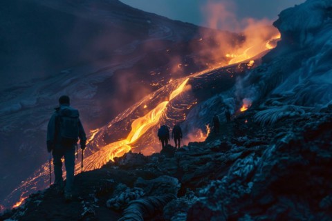 Tourists, hiking group, expedition, onlookers on the way to an active volcano, surrounded by hot,