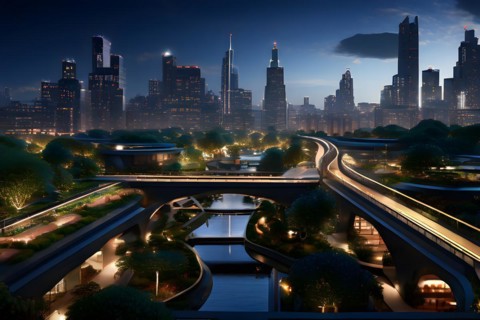 Cityscape designed with pedestrian priority elevated walkways intersect with verdant greenbelts, AI
