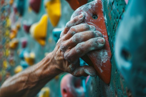 Close up of hand with chalk grabbing grip on artificial rock wall. KI generiert, generiert, AI