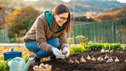 Young woman with scarf planting onions in a bed in her vegetable garden, KI generated, AI generated