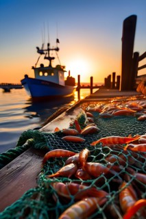 Commercial fishing net cascading onto the dock overflowing with caught shrimp fish and incidentally