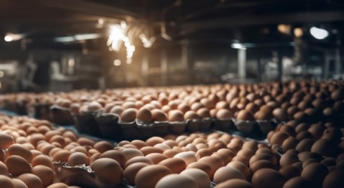 Egg production in a factory, eggs on a conveyor belt, AI generated