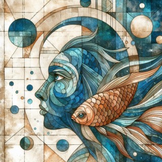 Abstract art of a woman with fish motifs in watercolor and geometric patterns, square aspect,