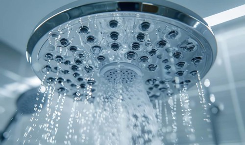 Water streaming down from a chrome showerhead in a bathroom AI generated