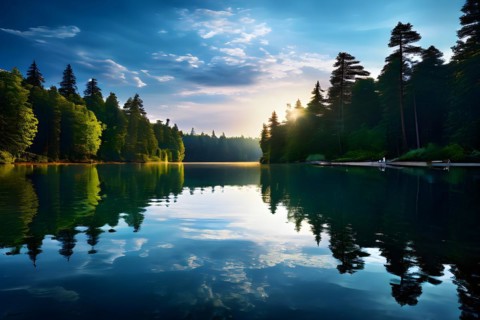 Serene summer lake in dense forests mirror like on calm water surface in sunrise, AI generated