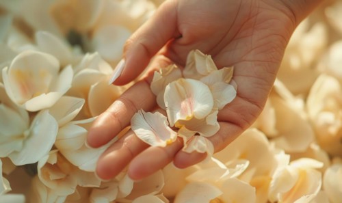 Close-up of a woman's hand with a neutral manicure, adorned with delicate flower petals AI