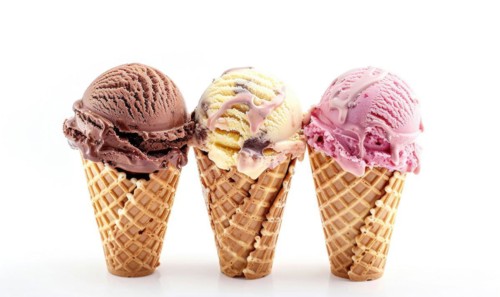 Neapolitan ice cream cones on white background AI generated