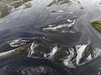 Overgrown river landscape, Eldhraun, near Kirkjubaejarklaustur, drone image, Sudurland, Iceland,