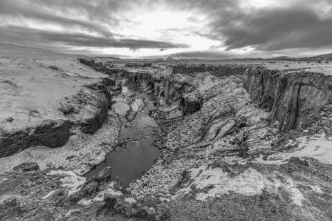 Hrauneyjarfoss waterfalls, onset of winter, black and white photo, Sudurland, Iceland, Europe