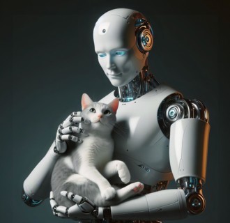 A humanoid robot holds a cat in its arms and strokes it, symbolic image cybernetics, emotion,