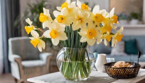 A large bouquet of yellow daffodils in a vase stands on the table in the flat, AI generated, AI