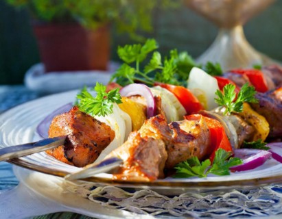 Food, shish kebab, meat skewers on the plate, AI generated, AI generated